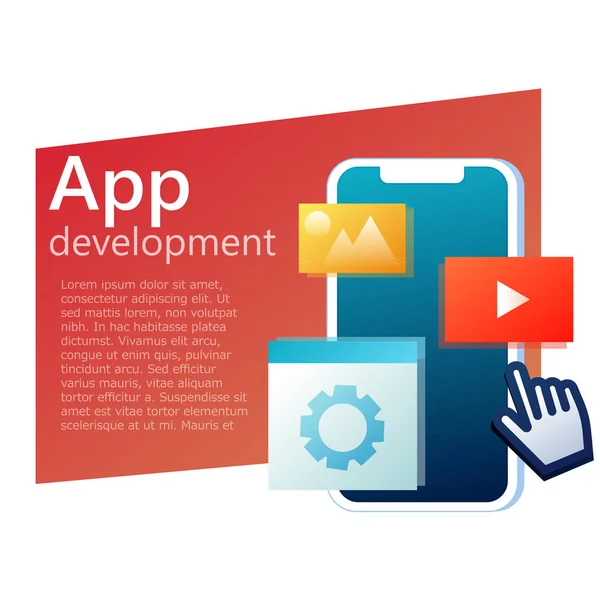Mobile App development nápis. Uživatelské rozhraní v aplikaci. Telefon s design obrázky, nastavení — Stockový vektor