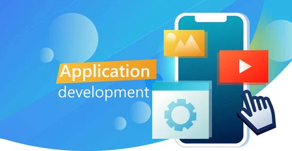 Mobile App development nápis. Uživatelské rozhraní v aplikaci. Telefon s design obrázky, nastavení — Stockový vektor