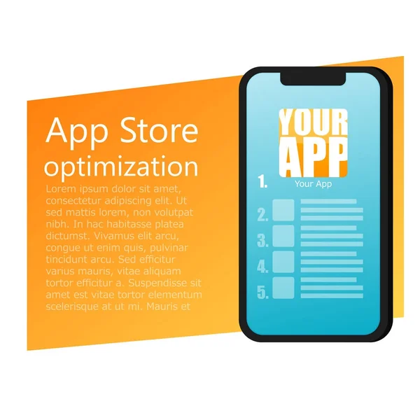 App store optimization banner. Mobile Application Marketing. Phone with a graph of growth up. Growing statistics — Stock Vector