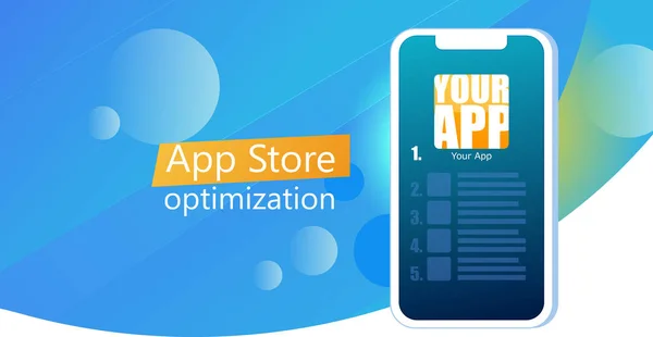 App store banner di ottimizzazione. Mobile Application Marketing. Telefono con un grafico di crescita in su. Statistiche in crescita — Vettoriale Stock