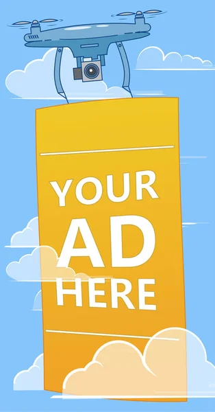 Drönare med annonser banner flyger i himlen. Multicopter reklam för ditt företag — Stock vektor