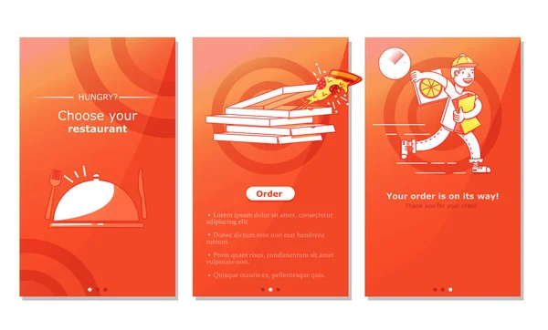 Schermo dell'app per la consegna del cibo, pizza dai ristoranti. Progettazione di banner verticali per telefono — Vettoriale Stock