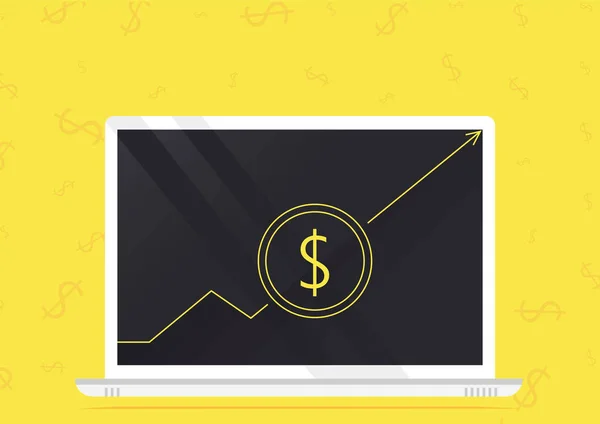 Wachstumsdiagramm des Dollars. Der Aufstieg der Währung. Statistik auf dem Laptop-Monitor — Stockvektor