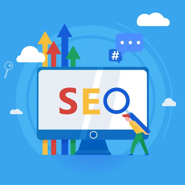 Seo Banner. Arbeit am Inhalt der Website und ihrer Indexierung von Suchmaschinen. Teamarbeit auf der Website — Stockvektor