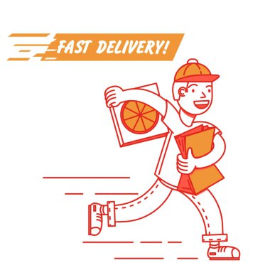 Hızlı teslimat gıda ve pizza. Üniforma giyen bir alışveriş çantası ile çalışıyor