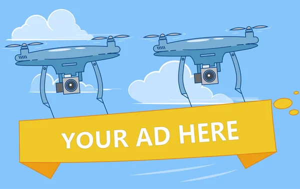 Drones with ads banner flying in sky. Multicopter advertising your business — Stock Photo, Image