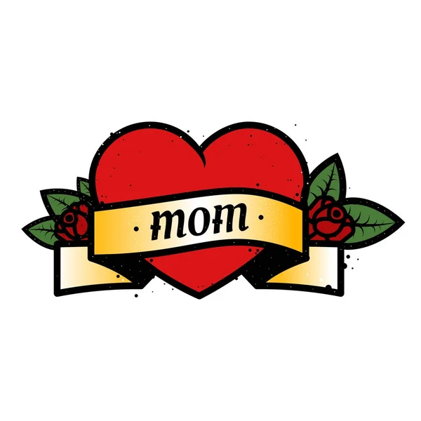 Old school colored tattoo with heart and roses and text Mom. Love for my mother. — Stock Photo, Image