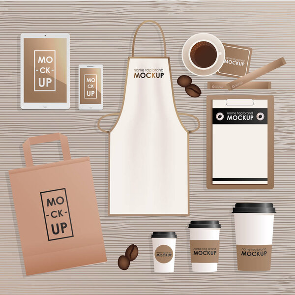 Corporate identity design template set for coffee shop or house. Mock-up package, tablet, phone, price tag, cup, notebook. Vector concept