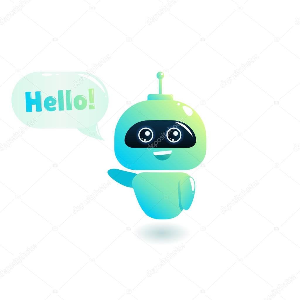 Cute bot say users Hello. Chatbot greets. Online consultation. Vector cartoon illustration