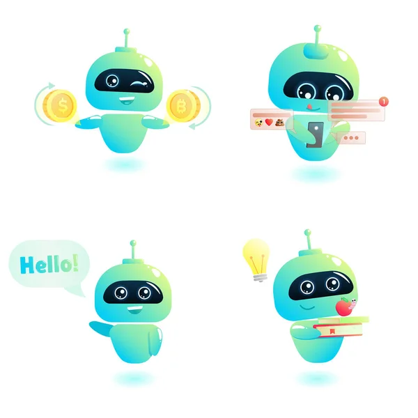 Conjunto de caracteres robô bonito. Chatbot cumprimenta. Consulta online — Vetor de Stock