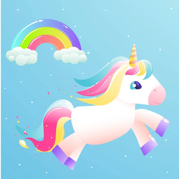 The unicorn flies across the sky with a rainbow, clouds, stars — Stock Vector