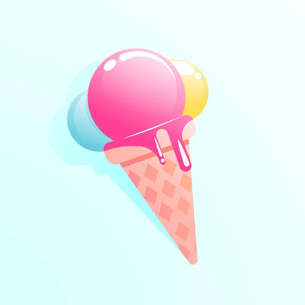 Морозиво з трьома кольоровими кульками у вафельному розі. Смачна літня їжа — стоковий вектор