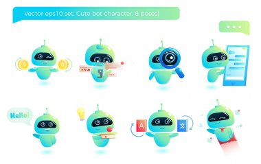 Şirin bot karakter kümesi. Sohbet etmek selamlıyor. Online Konsültasyon