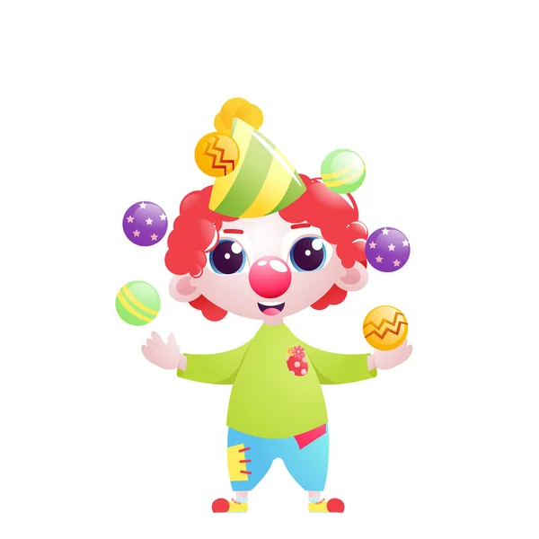 A little child clown character juggles and jokes and stands with a balloon at the bottom of the birthday — Stock Vector