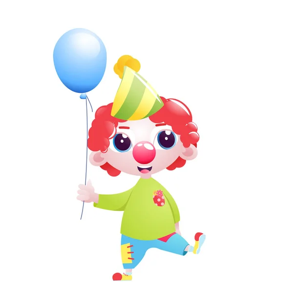 A little child clown character juggles and jokes and stands with a balloon at the bottom of the birthday — Stock Vector