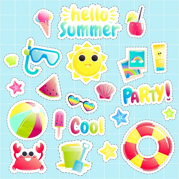 Hallo Sommer. Reihe von niedlichen Offshore-Objekten. schöne Sonne und Krabben und Wassermelone und Beachball und Eimer — Stockvektor