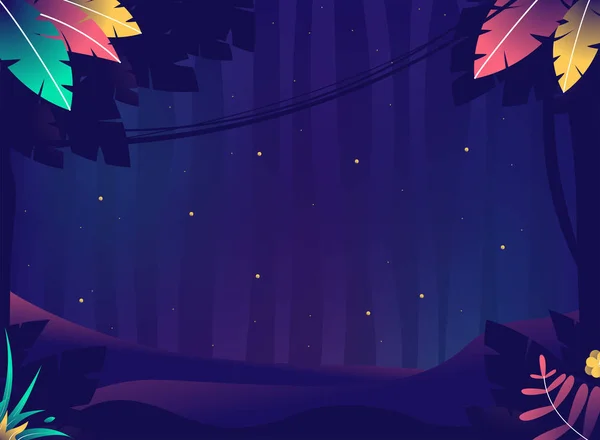 Fondo del juego. Noche de verano con grillos. Selva con plantas y estrellas — Vector de stock