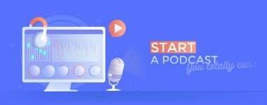 Kayıt podcast başlatın. Aletleri, bir mikrofon ve kulaklık ve ses işleme için bir program olan bir bilgisayar