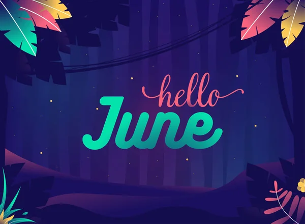 Hallo juni achtergrond. Zomeravond met krekels. Jungle met planten en sterren — Stockvector