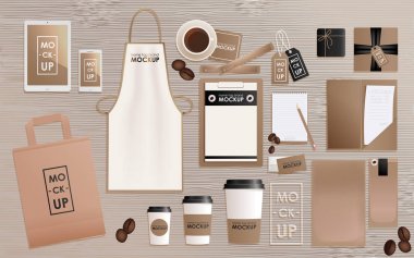 Kurumsal kimlik tasarım şablonu kahve dükkanı veya ev. Mock-up paket, tablet, telefon, fiyat etiketi, Kupası, defter. kavramı
