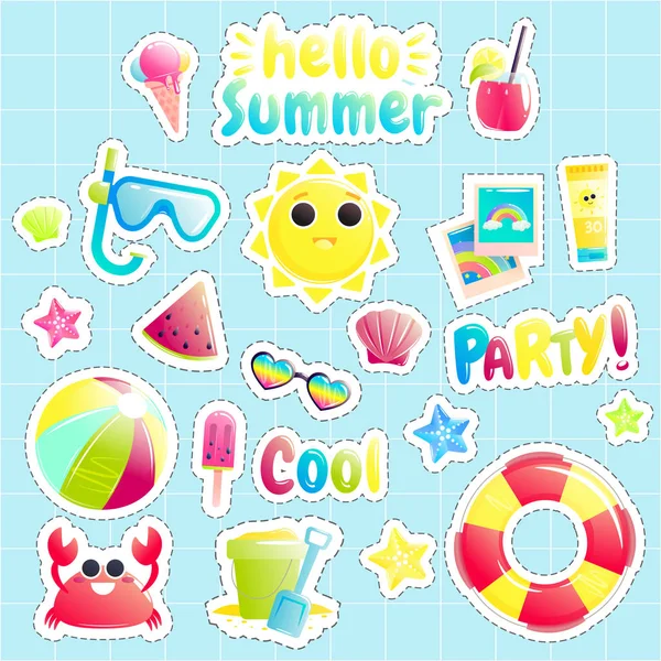 Hallo Sommer. Reihe von niedlichen Offshore-Objekten. schöne Sonne und Krabben und Wassermelone und Beachball und Eimer — Stockfoto