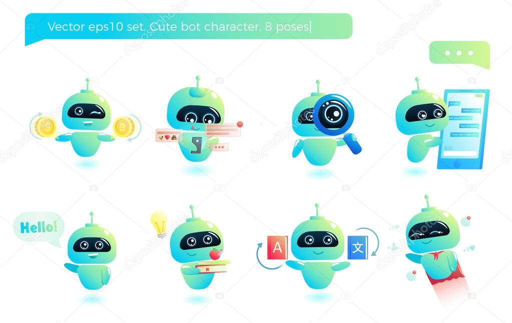 Cute bot character set. Chatbot greets. Online consultation.  cartoon illustration