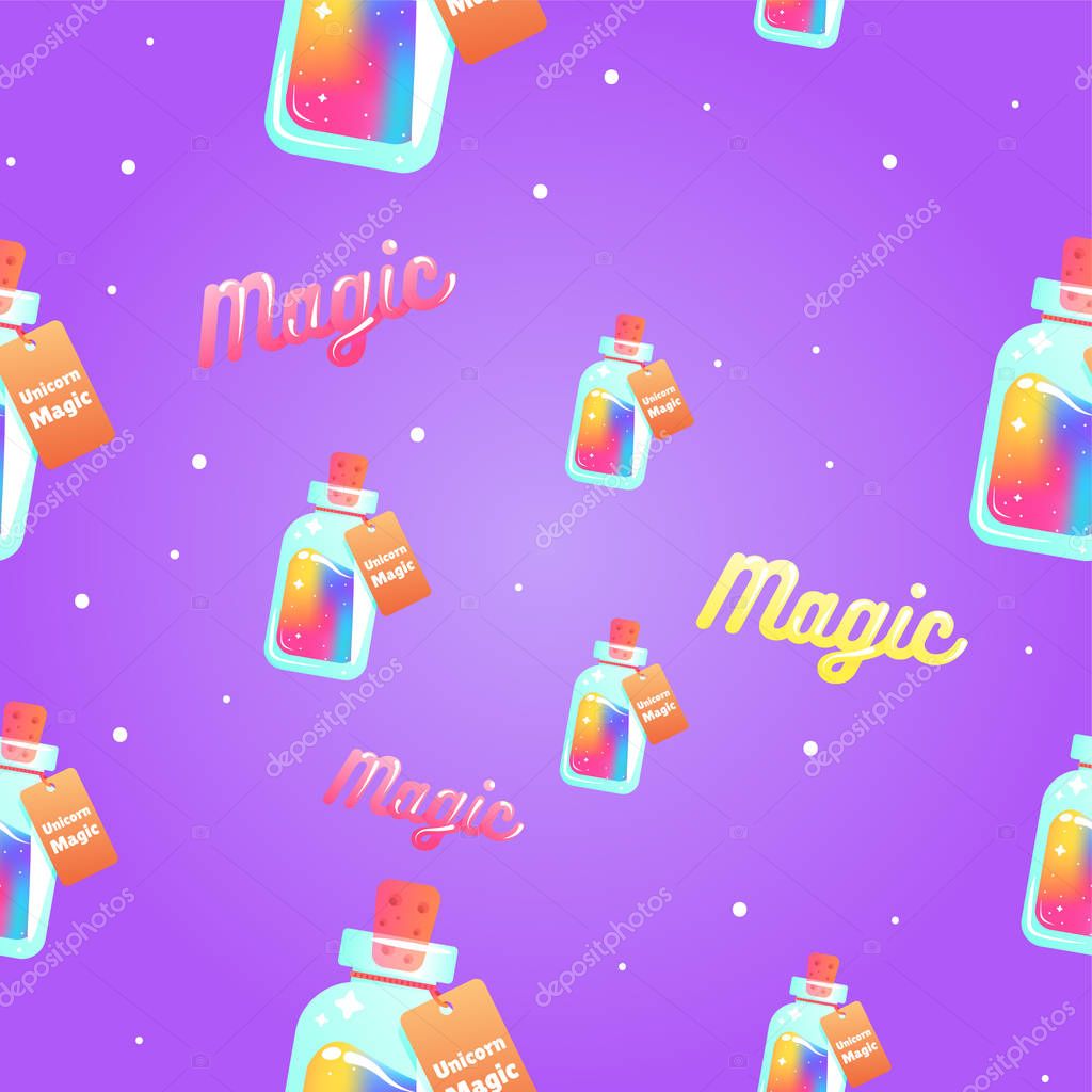 The magic mana of a unicorn seamless pattern. Rainbow liquid with star in the bottle.  cartoon illustration
