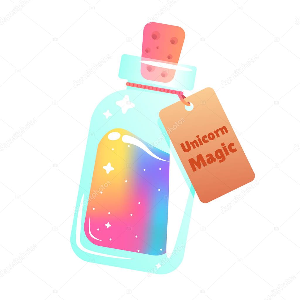The magic mana of a unicorn. Rainbow liquid with star in the bottle.  cartoon illustration