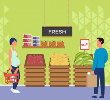 İnsanlar karakter alıcı ile iç süpermarket mağaza. 