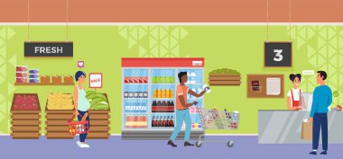 İnsanlar karakter kasiyer ve alıcı ile iç süpermarket mağaza. 