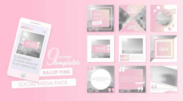 Sjabloon voor spandoek sociale media voor uw blog of bedrijf. Schattig pastel roze ontwerpen set — Stockvector