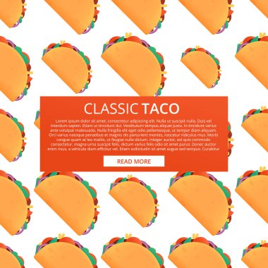 Beyaz arka planda karikatür deseni. Tasarım çizimi. - Tacos vektör dokusu. Geleneksel Meksika fast-food 'u. Taco Salı 'sı.