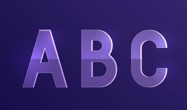 Cam tipografik tasarım. Orijinal yazı karakteri. Metin yazı tipi. Şeffaf sembol koleksiyonu. Parlak parlak vektör çizimi.