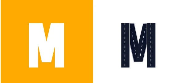 Písmeno M. Road. Typografický vektorový design s liniemi ulic. Na bílém a žlutém pozadí — Stockový vektor