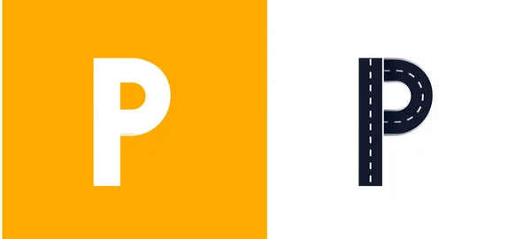 Buchstabe P. Road Schrift. Typografie-Vektordesign mit Straßenlinien. Auf weißem und gelbem Hintergrund — Stockvektor