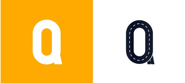 字母Q.道路字体。具有街道线条的字体矢量设计。白色和黄色背景 — 图库矢量图片