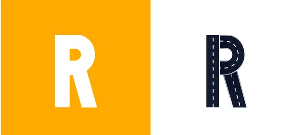 Letter R. Road fuente. Diseño vectorial tipográfico con líneas de calle. Sobre fondo blanco y amarillo — Vector de stock