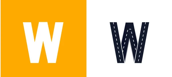 Letter W. Road fuente. Diseño vectorial tipográfico con líneas de calle. Sobre fondo blanco y amarillo — Vector de stock