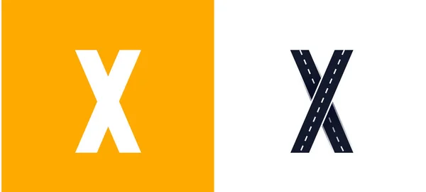 X. 편지. 도로 글꼴. 가로줄 이 있는 타이포그래피 벡터 디자인. 흰색 과 노란색 배경 위 에서 — 스톡 벡터