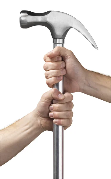 Duas mãos segurando um martelo . — Fotografia de Stock