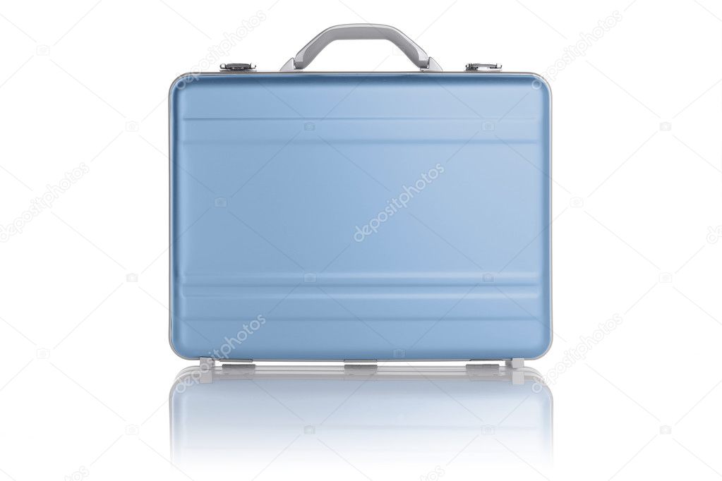 Light blue metal suitcase isolated on white