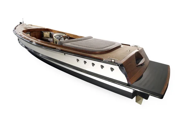 Holzboot mit Lenkrad und Armaturenbrett — Stockfoto