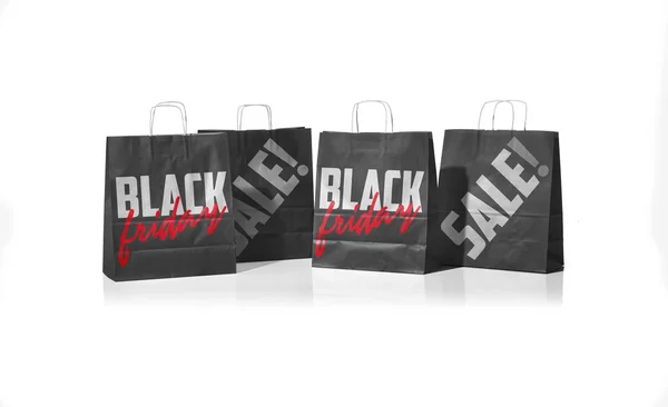 Концепція Чорної Ятниці Чорні Сумки Покупок Ізольовані Білому Тлі — стокове фото