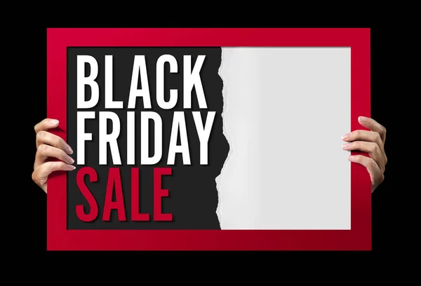 Black friday sale inscription background. Woman holding a sale p