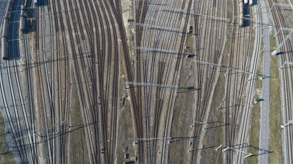 Cargo trains close-up. Aerial view of colorful freight trains on