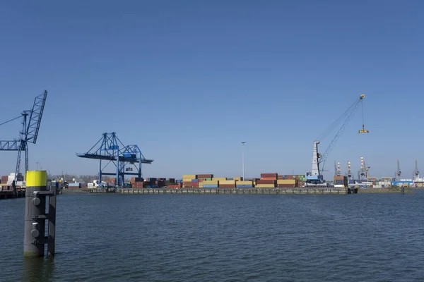 Huge Cranes Ships Anchored Harbor International Commercial Port City Rotterdam — Stock Photo, Image