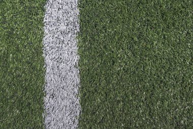 Parlak yeşil yeşil çimen futbol sahasında beyaz şerit.