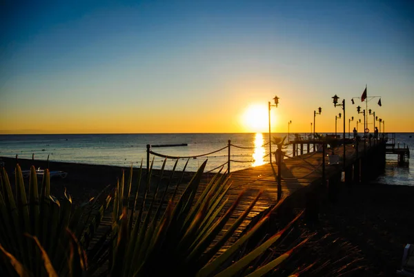 Pier mit Palmen im farbenfrohen Sonnenaufgang — Stockfoto