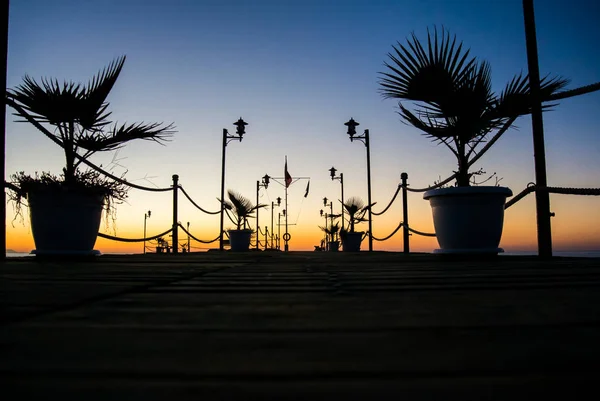 Pier mit Palmen im farbenfrohen Sonnenaufgang — Stockfoto