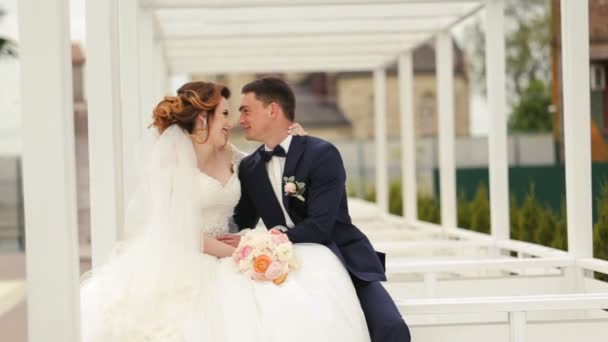 Жених и невеста сидят и курят в любви — стоковое видео
